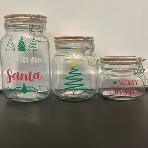 Hand-made decorative super cute Holiday snap lid glass canister set of 3. New!